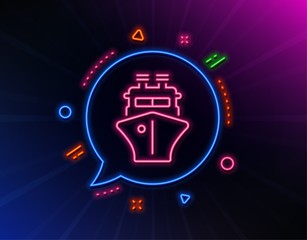 Ship line icon. Neon laser lights. Watercraft transport sign. Shipping symbol. Glow laser speech bubble. Neon lights chat bubble. Banner badge with ship icon. Vector