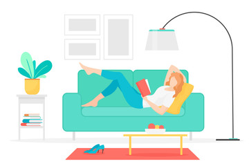 Woman reading book flat vector illustration. Young lady lying on couch with interesting novel cartoon character. Female student studying at home. Literature hobby, intellectual leisure activity.