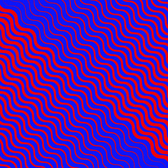 Waved distorted oblique red lines on a blue background. Op art. For prints, web pages, textile and template design