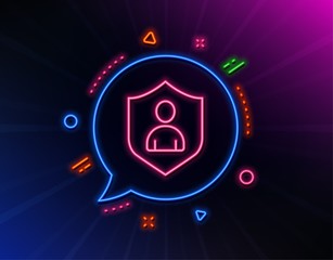 Fototapeta na wymiar User Protection line icon. Neon laser lights. Profile Avatar with shield sign. Person silhouette symbol. Glow laser speech bubble. Neon lights chat bubble. Banner badge with security icon. Vector