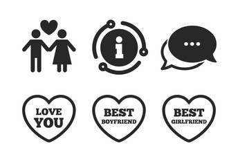 Best girlfriend and boyfriend symbol. Chat, info sign. Valentine day love icons. Couple lovers sign. Classic style speech bubble icon. Vector