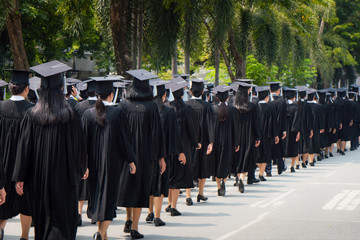 Rear view of group of university graduates in black gowns lines up for degree in university graduation ceremony. Concept education congratulation, student, successful to study.