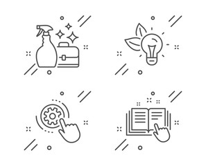 Cogwheel settings, Eco energy and Cleanser spray line icons set. Technical documentation sign. Engineering tool, Lightbulb, Washing liquid. Manual. Business set. Vector