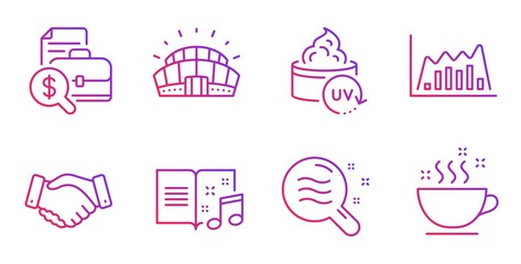 Sports stadium, Uv protection and Skin condition line icons set. Accounting report, Music book and Infographic graph signs. Employees handshake, Coffee cup symbols. Vector