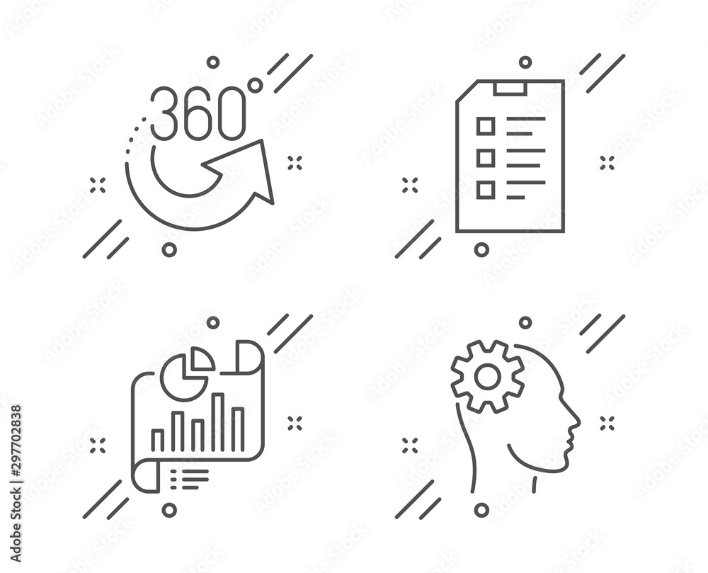 Poster checklist, 360 degrees and report document line icons set. engineering sign. data list, full rotatio