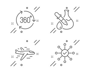 360 degree, Chemistry experiment and Airplane line icons set. Survey check sign. Virtual reality, Laboratory flask, Plane. Correct answer. Business set. Line 360 degree outline icon. Vector