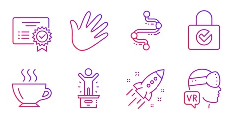 Hand, Timeline and Coffee line icons set. Certificate, Winner podium and Password encryption signs. Startup rocket, Augmented reality symbols. Swipe, Journey path. Business set. Vector