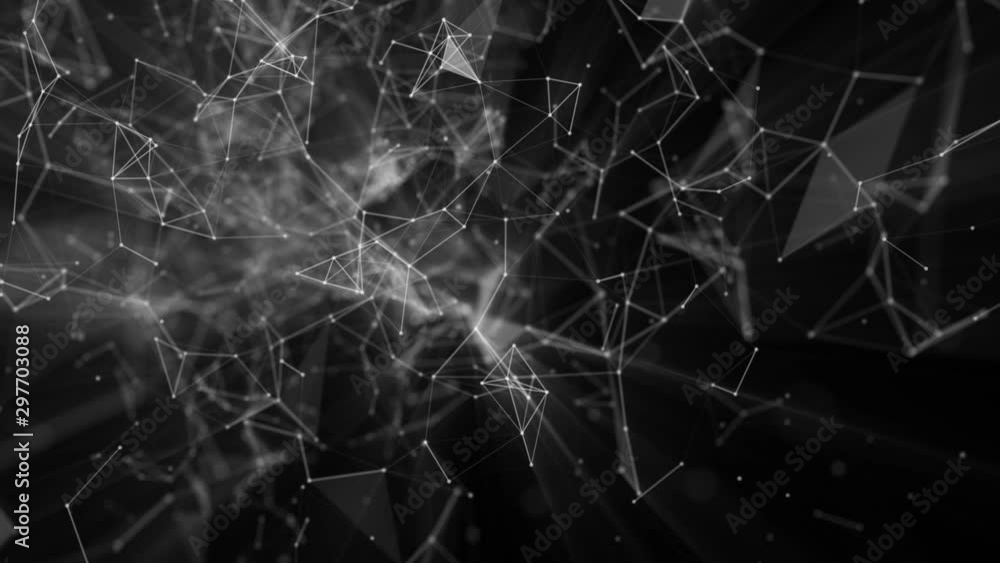 Poster white connecting particles move slowly against a black background. abstract animation. 3d rendering