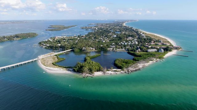Aerial view of Longboat Key town and beaches in Manatee and Sarasota counties along the central west coast of the U.S. state of Florida,