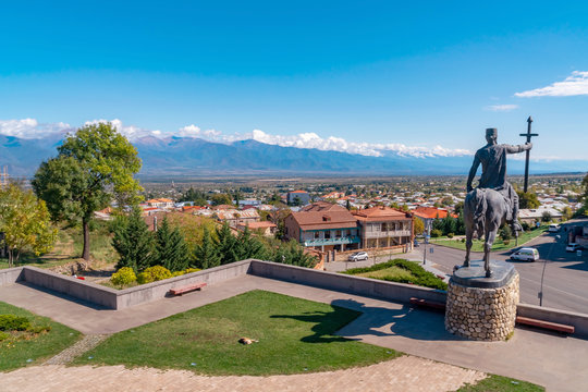 Monument of king Erekle II in Telavi Georgia. Beautiful view of Kakheti landscape from Telavi.