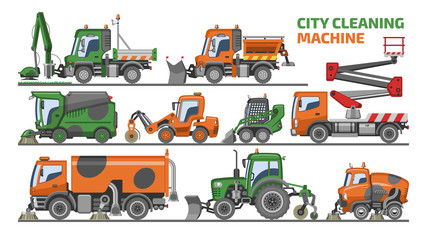 City cleaning machine vector vehicle truck sweeper cleaner wash roads streets illustration set of excavator bulldozer tractor lorry transportation isolated on white background