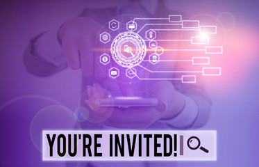 Writing note showing You Re Invited. Business concept for make a polite friendly request to someone...