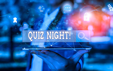 Text sign showing Quiz Night. Business photo showcasing evening test knowledge competition between individuals Picture photo system network scheme modern technology smart device