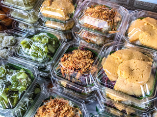 Thai snacks (ka-nom) displayed for sale, Bangkok.