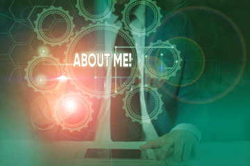 Text sign showing About Me. Business photo showcasing telling someone list of your good and bad properties Picture photo system network scheme modern technology smart device