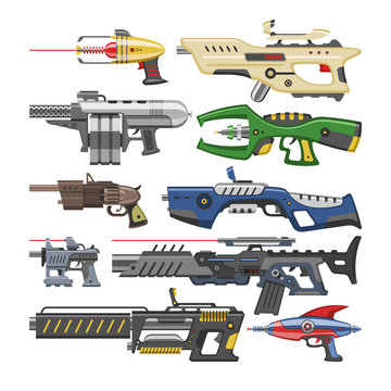 Weapon vector blaster laser gun with futuristic handgun and raygun of aliens in space illustration set of child pistols isolated on white background