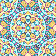 Decorative colorful ethnic seamless pattern for fabric or wrapping in oriental style. Hand drawn illustration