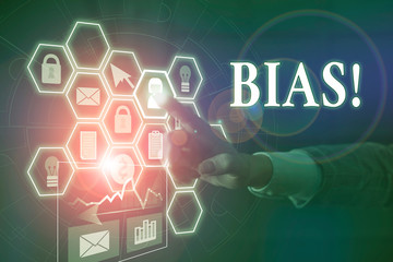 Writing note showing Bias. Business concept for inclination or prejudice for or against one demonstrating group Picture photo network scheme with modern smart device