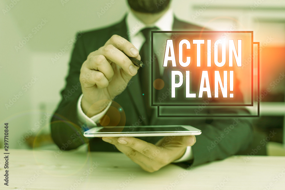 Poster conceptual hand writing showing action plan. concept meaning proposed strategy or course of actions 