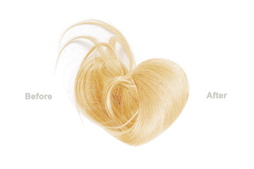 Blond hair in shape of heart before and after brushing, isolated on white background. Haircare...
