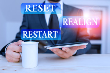 Writing note showing Reset Realign Restart. Business concept for Life audit will help you put...