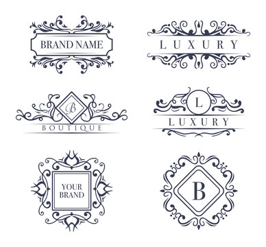 Retro Royal Vintage Shields Logotype set. Vector calligraphyc Luxury logo design elements. Business signs, logos, identity, spa, hotels, badges elements