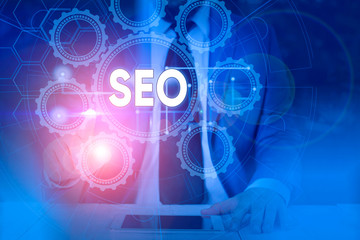 Text sign showing Seo. Business photo showcasing incredibly effective way to market your near business online Picture photo system network scheme modern technology smart device