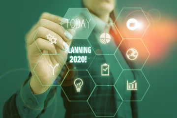 Text sign showing Planning 2020. Business photo showcasing process of making plans for something next year Woman wear formal work suit present presentation using smart latest device