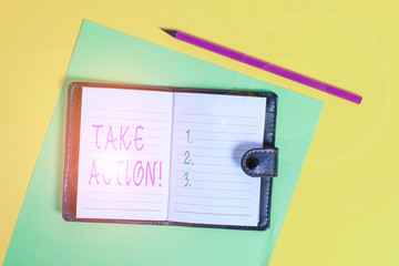 Text sign showing Take Action. Business photo showcasing do something official or concerted to achieve aim with problem Dark leather private locked diary striped sheets marker colored background