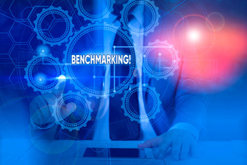 Text sign showing Benchmarking. Business photo showcasing evaluate something by comparison with standard or scores Picture photo system network scheme modern technology smart device