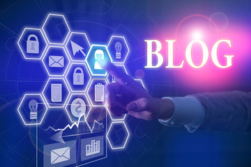 Writing note showing Blog. Business concept for regularly updated website web page run by individual Picture photo network scheme with modern smart device