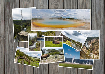 Yellowstone travel tourism concept design - collage of Yellowstone images on wooden background