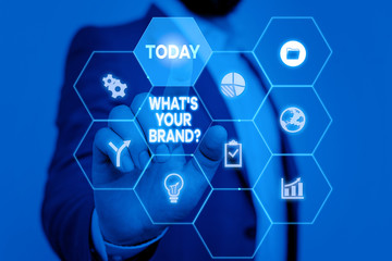 Handwriting text writing What S Your Brand Question. Conceptual photo asking about product logo does or what you communicate Picture photo system network scheme modern technology smart device