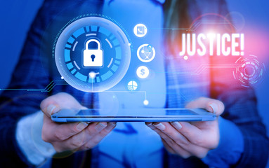 Writing note showing Justice. Business concept for impartial adjustment of conflicting claims or assignments Picture photo network scheme with modern smart device