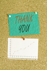 Writing note showing Thank You. Business concept for a polite expression used when acknowledging a...