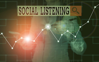 Word writing text Social Listening. Business photo showcasing analyzing the conversations and trends of your product Woman wear formal work suit present presentation using smart latest device