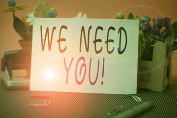 Conceptual hand writing showing We Need You. Concept meaning asking someone to work together for...