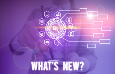 Obraz premium Conceptual hand writing showing What S New Question. Concept meaning when you ask someone about his current live events actions Picture photo network scheme with modern smart device