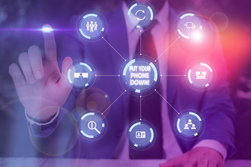 Text sign showing Put Your Phone Down. Business photo text end telephone connection saying goodbye caller Picture photo system network scheme modern technology smart device