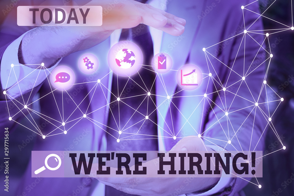 Poster word writing text we re hiring. business photo showcasing process of reviewing applications and find