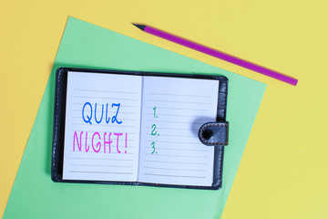 Text sign showing Quiz Night. Business photo showcasing evening test knowledge competition between individuals Dark leather private locked diary striped sheets marker colored background