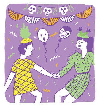 two dressed up girls dancing at a halloween party illustration