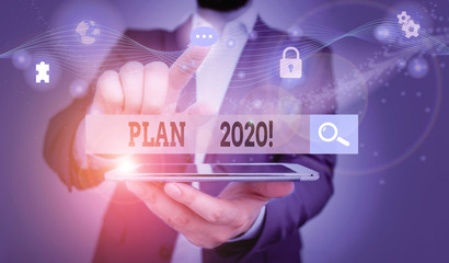Word writing text Plan 2020. Business photo showcasing detailed proposal doing achieving something next year Picture photo system network scheme modern technology smart device