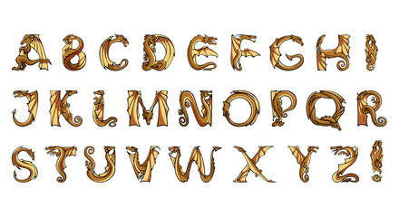 Dragon alphabet, letters in form of dragons, fantasy font, vector illustration