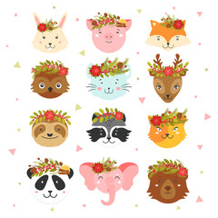 Animal faces with Christmas wreaths on the head. Cute Christmas animals for greeting cards, posters, invitations.