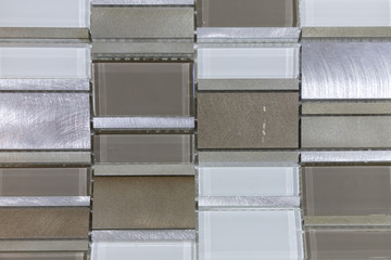 Mosaic texture ceramic tiles, wall decoration,gray,  brown, white, silver, metallic  background, abstract template, rectangles pattern