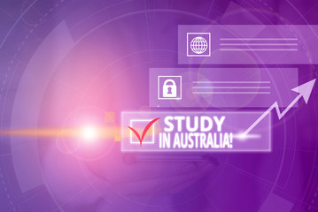 Obraz premium Conceptual hand writing showing Study In Australia. Concept meaning going into foreign country order complete your studies Picture photo network scheme with modern smart device