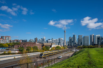 Toronto skyline with railroad and train 