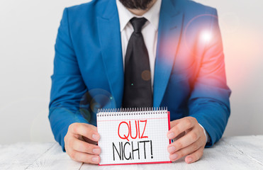 Writing note showing Quiz Night. Business concept for evening test knowledge competition between...