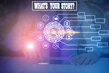 Writing note showing What S Your Story Question. Business concept for asking demonstrating about his past life actions career or events Woman wear formal work suit present using smart latest device